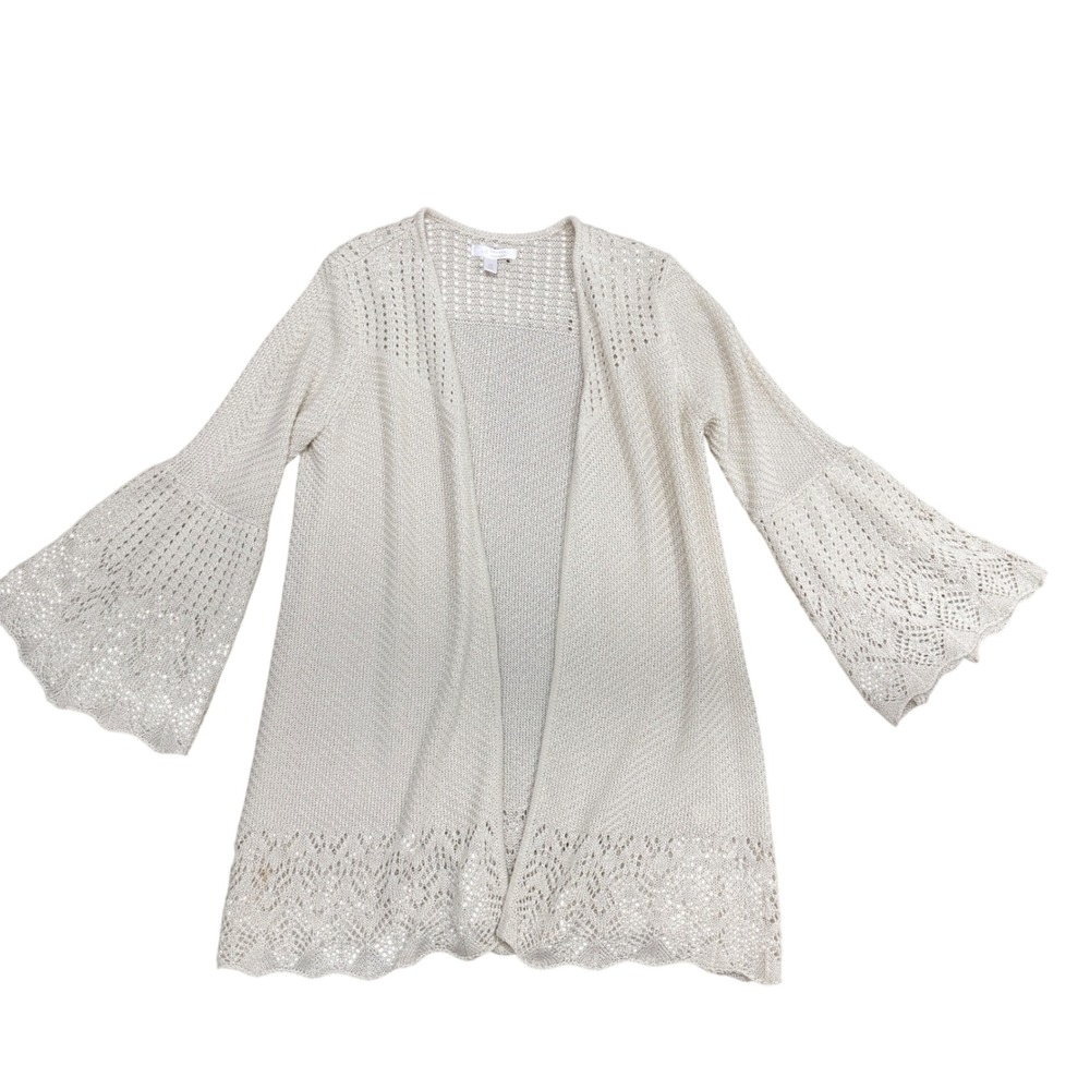 LC Lauren Conrad Cardigan Womens Medium Ivory Pointelle Bell Sleeve Open Front